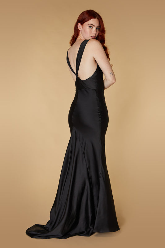 Jarlo Mika cowl front black satin maxi dress with strap back detail