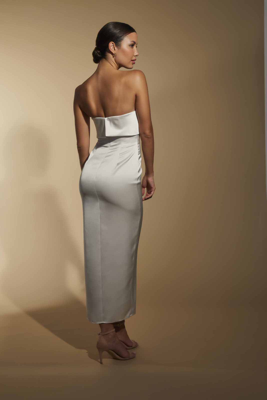 Kate Strapless Satin Midi Dress with Bust Overlay