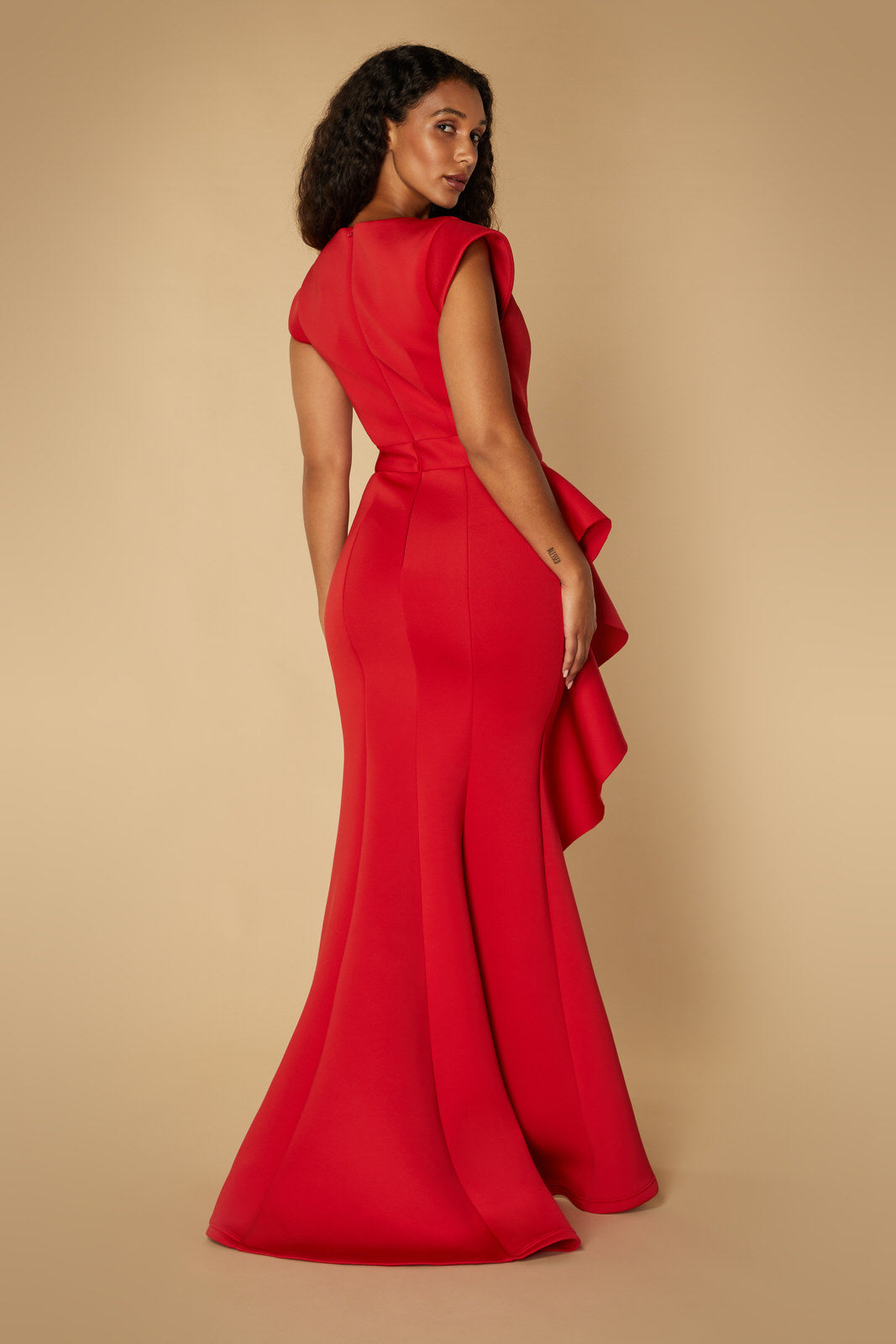 Jarlo red v-neck fishtail maxi dress with hip drape