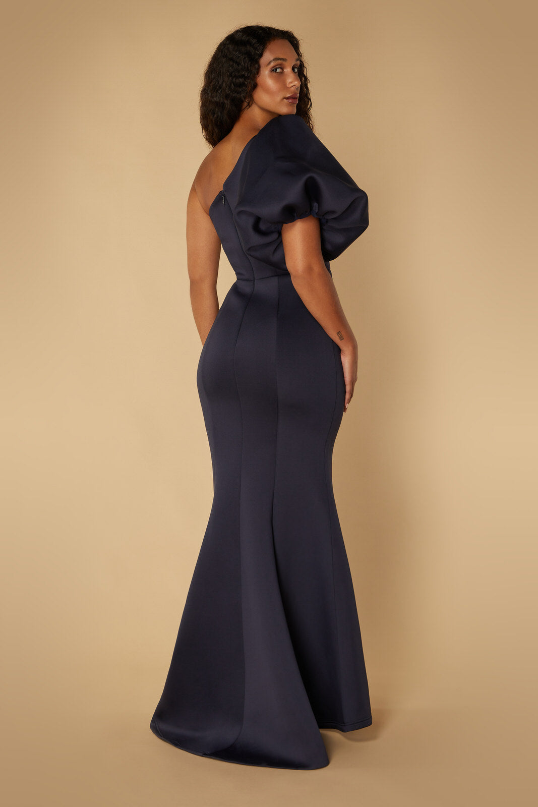 Jarlo navy one shoulder maxi dress with puff sleeve