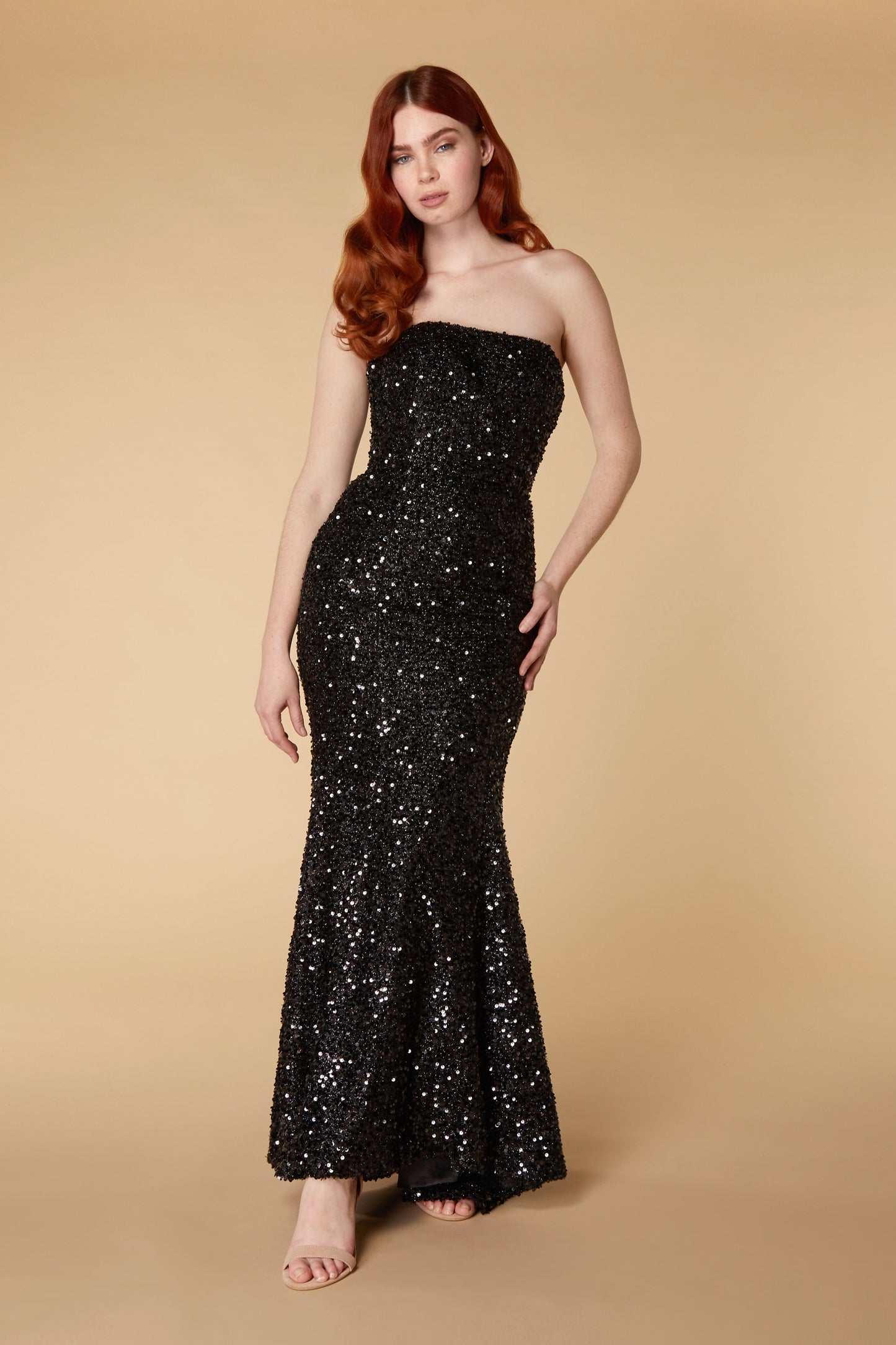 Jarlo Nera strapless black sequin maxi with train