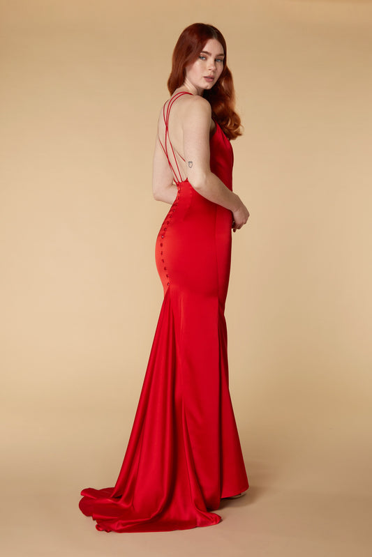 Jarlo Noah red satin fishtail maxi dress with button back