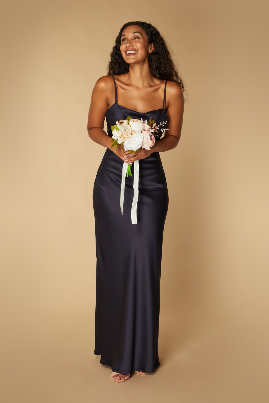 Jarlo Rose navy satin maxi dress with tie back detail