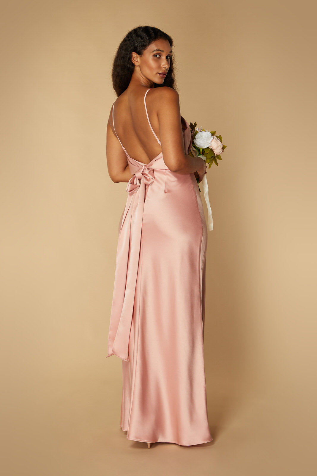 Jarlo Rose pink satin maxi dress with tie back detail