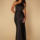 Jarlo India black satin one shoulder maxi dress with asymmetric open back