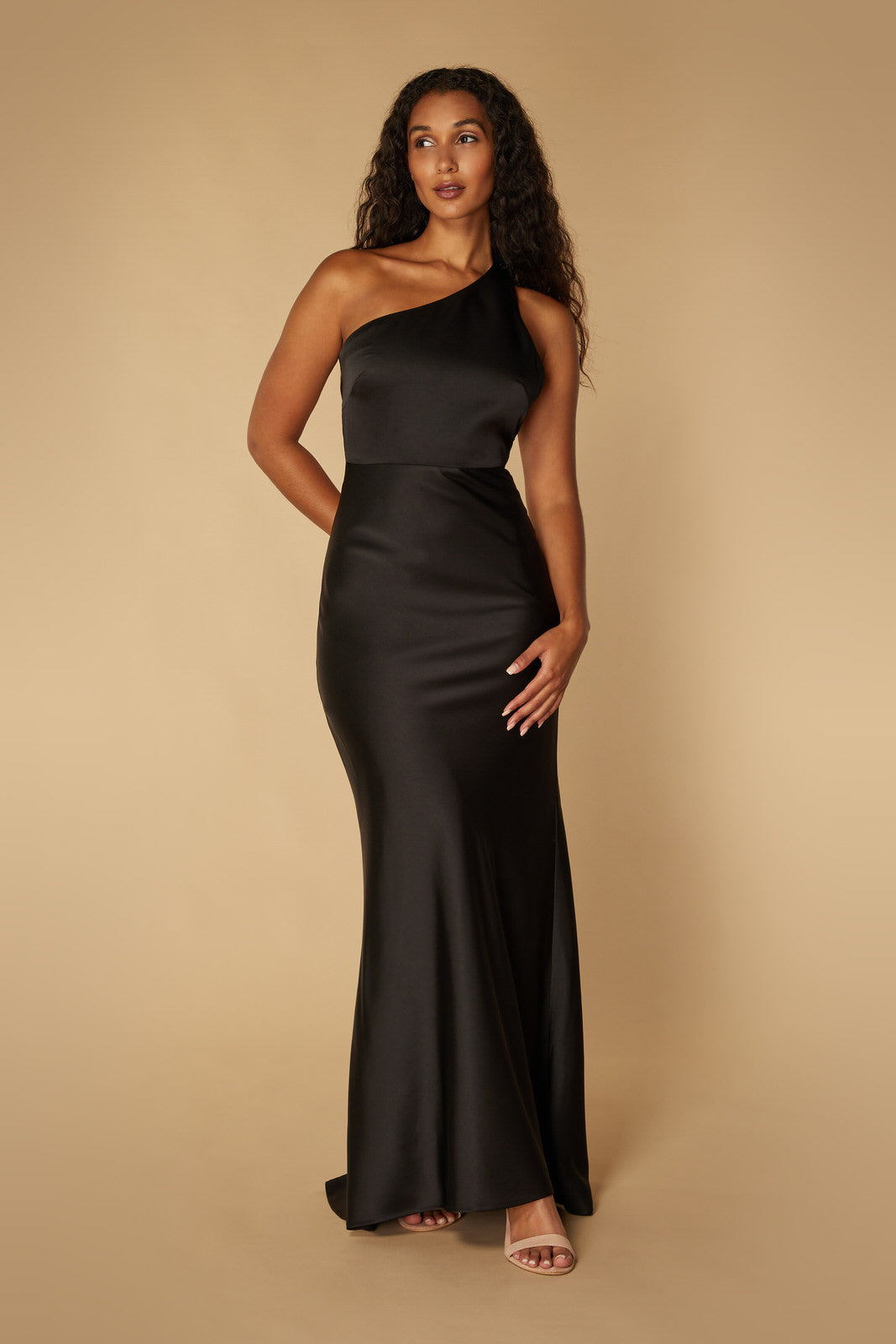 Jarlo India black satin one shoulder maxi dress with asymmetric open back