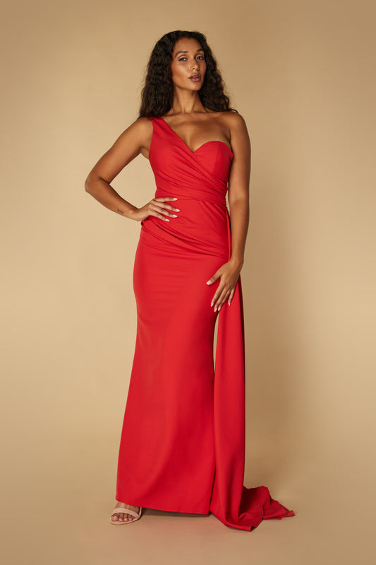 Jarlo one shoulder red fishtail maxi dress with hip drape