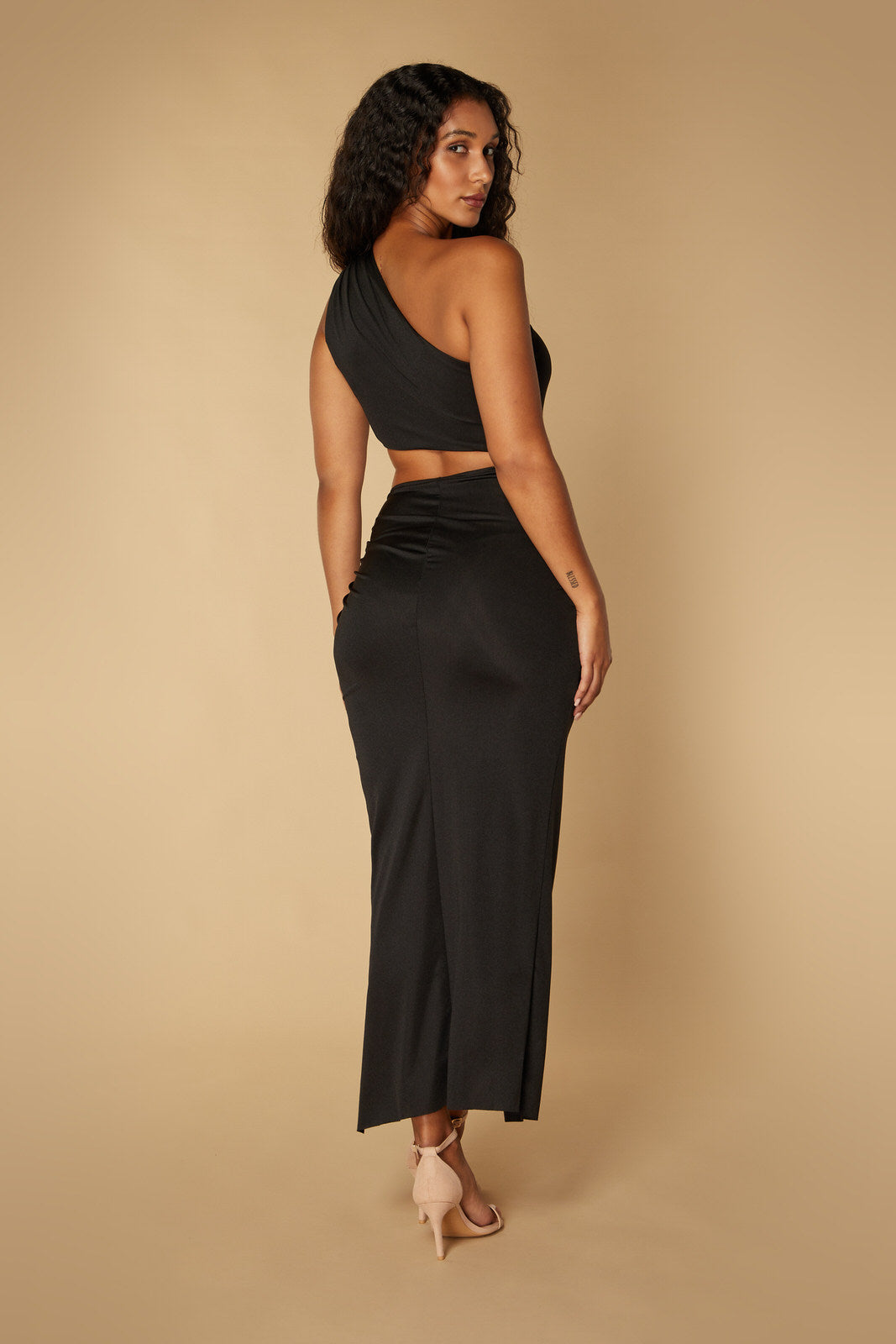 Jarlo black one shoulder ankle length dress with waist cut out detail