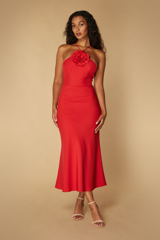Jarlo red midi dress with corsage detail and open back