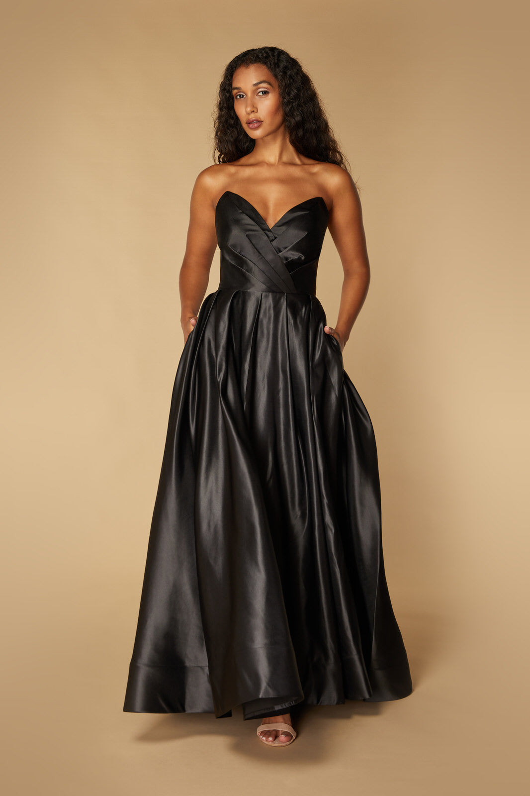 Jarlo's Julie V-Neck Strapless Maxi Dress in Black Satin Jarlo London Jarlo's Julie V-Neck Strapless Maxi Dress in Black Satin Jarlo London