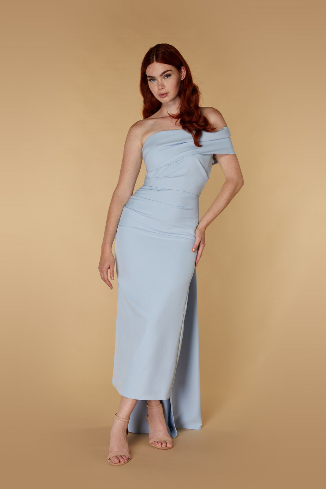 Jarlo Leo off shoulder blue midi dress with drape detail