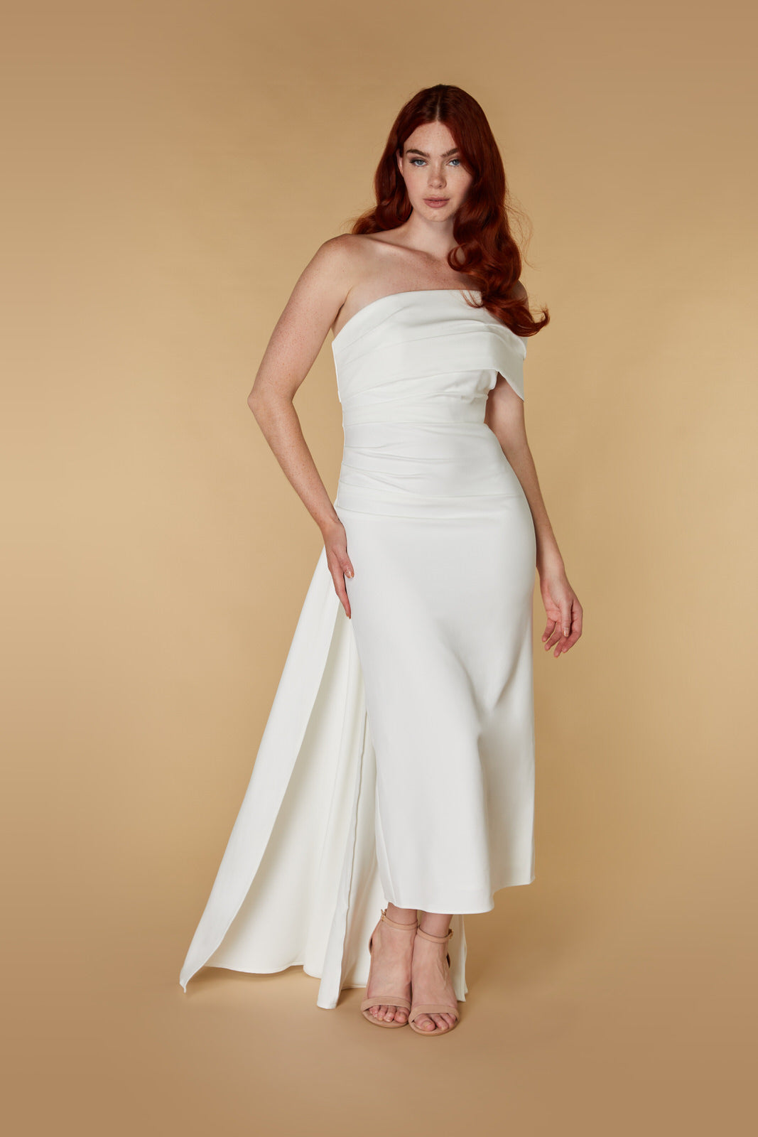 Jarlo Leo off shoulder ivory midi dress with drape detail