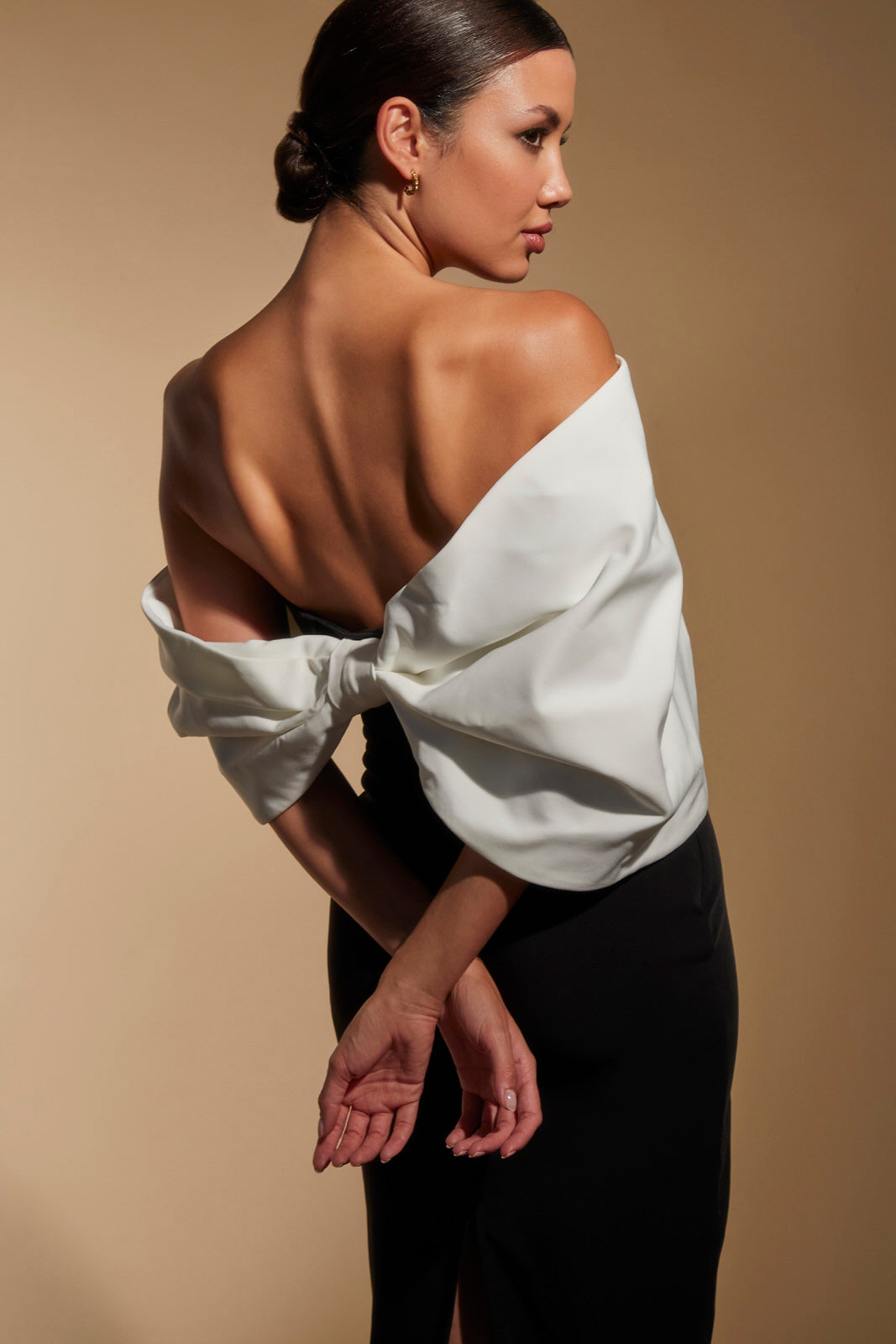 Ava Off Shoulder Midi Dress with Sculpted Monochrome Detail