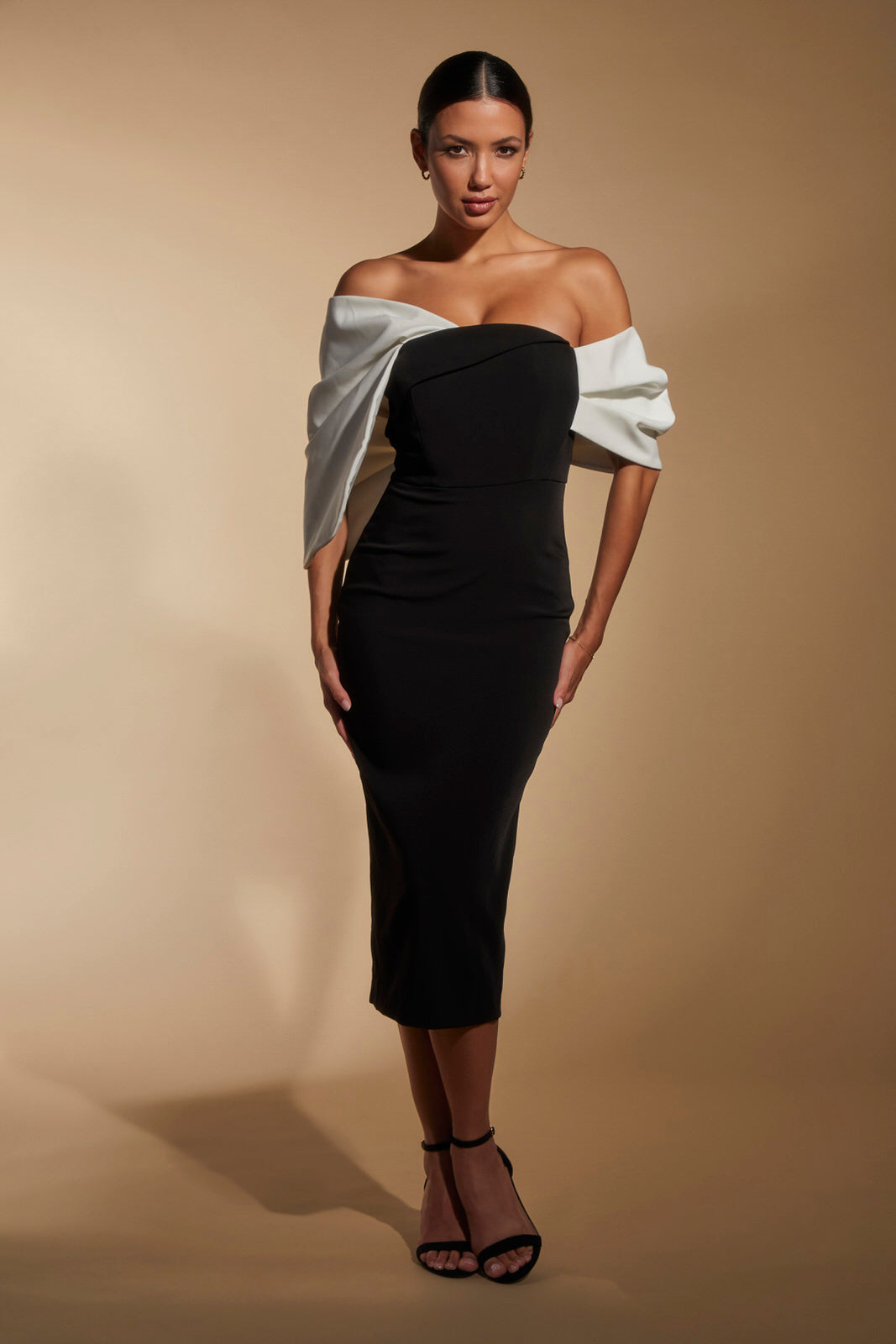 Ava Off Shoulder Midi Dress with Sculpted Monochrome Detail
