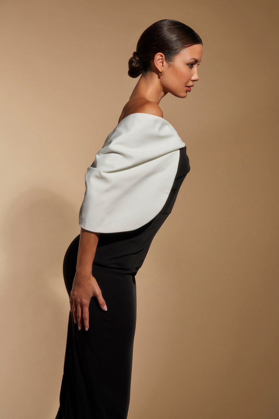 Ava Off Shoulder Midi Dress with Sculpted Monochrome Detail
