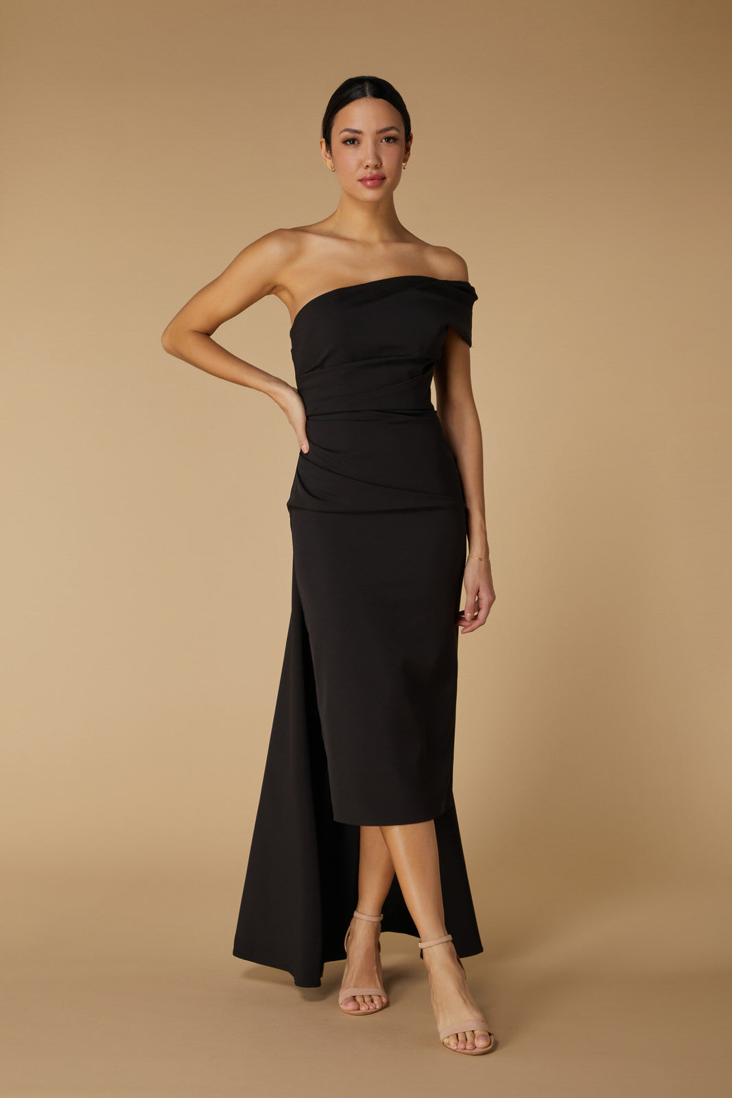 Jarlo's Greer Off Shoulder Midi Dress with Drape Detail Black Jarlo London Jarlo's Greer Off Shoulder Midi Dress with Drape Detail Black Jarlo London