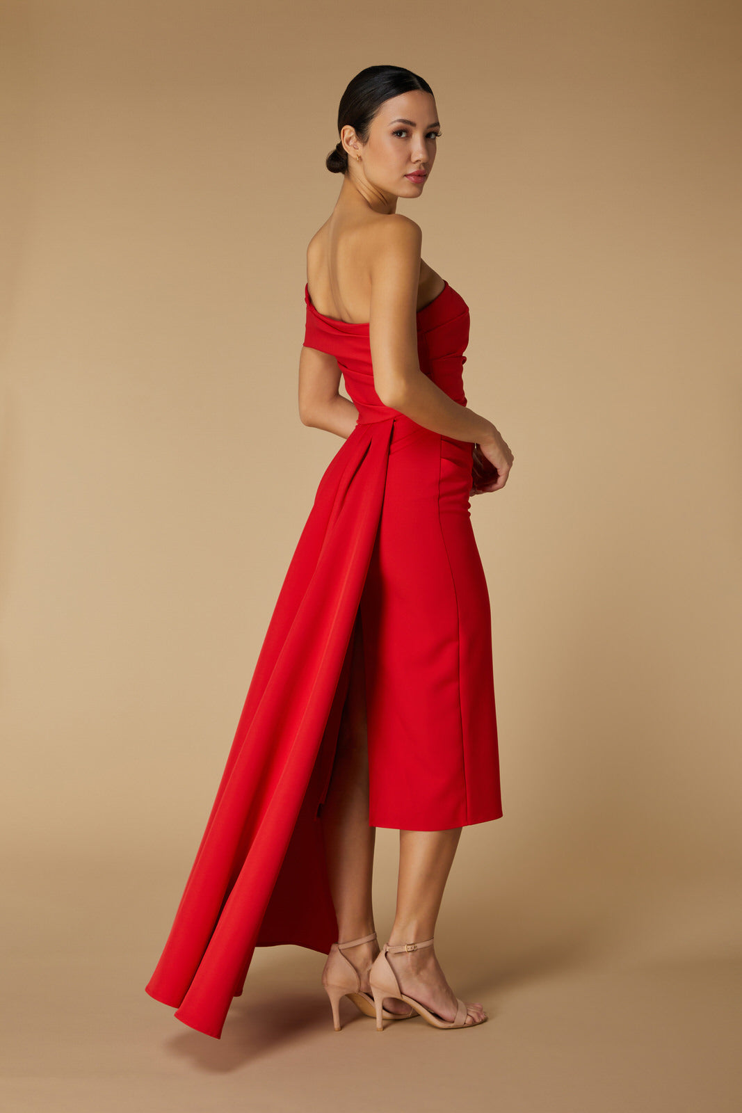 Jarlo Greer Off Shoulder Red Midi Dress with Drape Detail