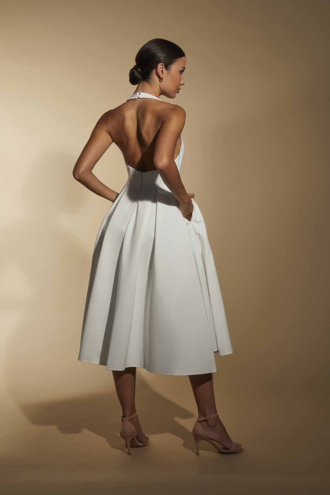 Denise Pleated A-Line Midi Dress with Halter Neckline