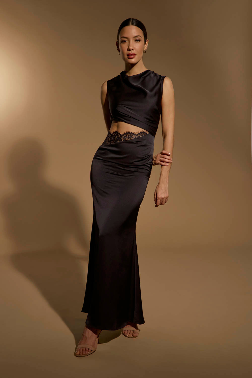 Naomi Satin Maxi Dress with Waist Cut Out Detail