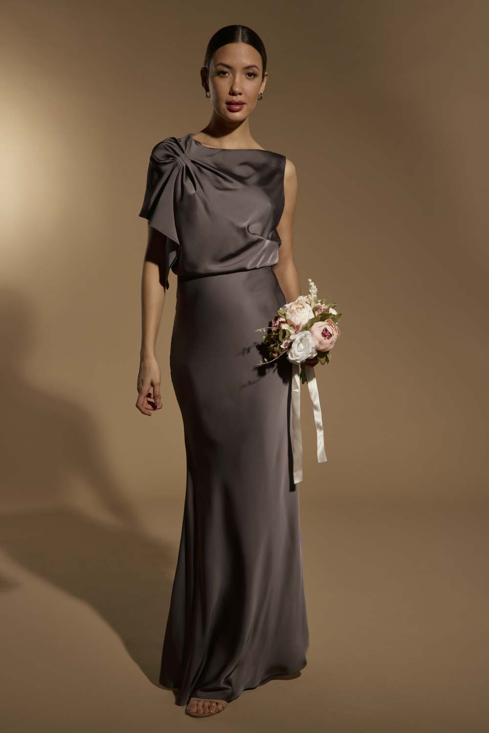 Lee Satin Maxi Dress with Draped Sleeve Lee Satin Maxi Dress with Draped Sleeve