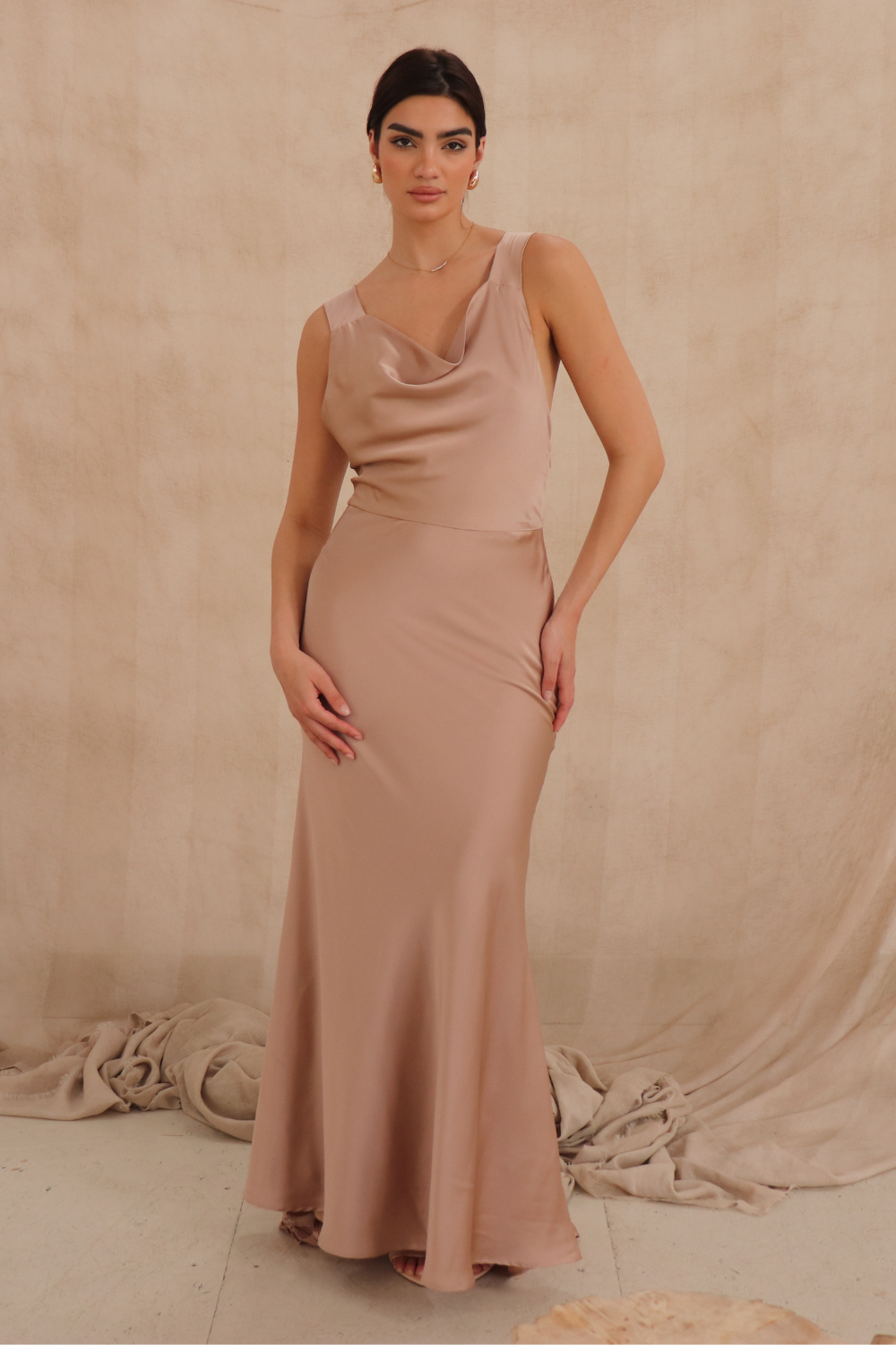 nude satin maxi dress Isla Satin Maxi Dress in Nude Oyster COCOOVE