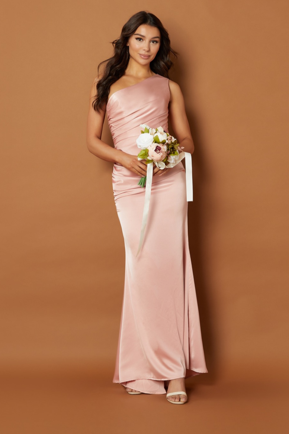 Jarlo Levi one shoulder pink satin maxi dress with pleat detail