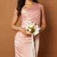 Jarlo Levi one shoulder pink satin maxi dress with pleat detail