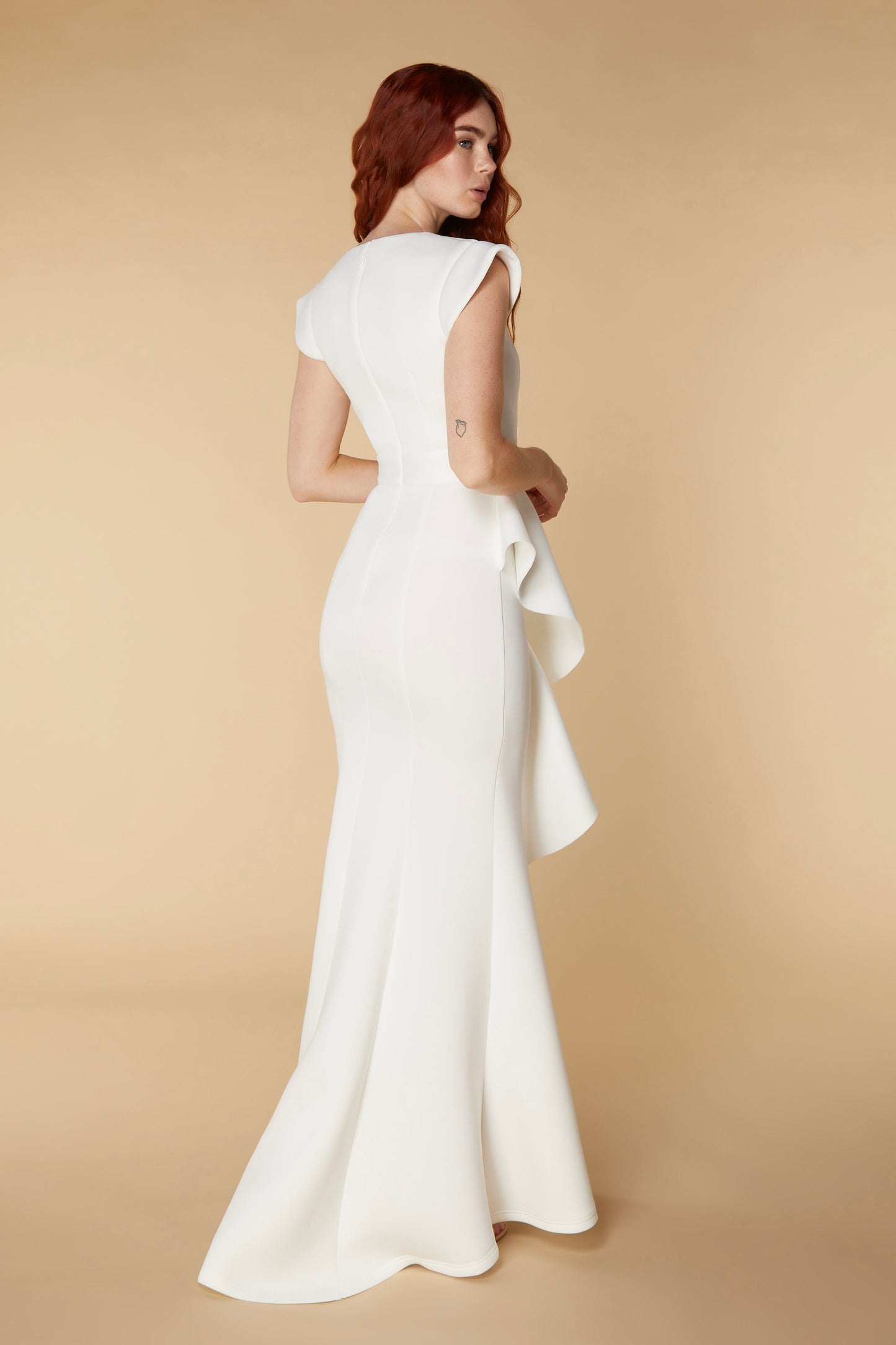 Jarlo ivory v-neck fishtail maxi dress with hip drape