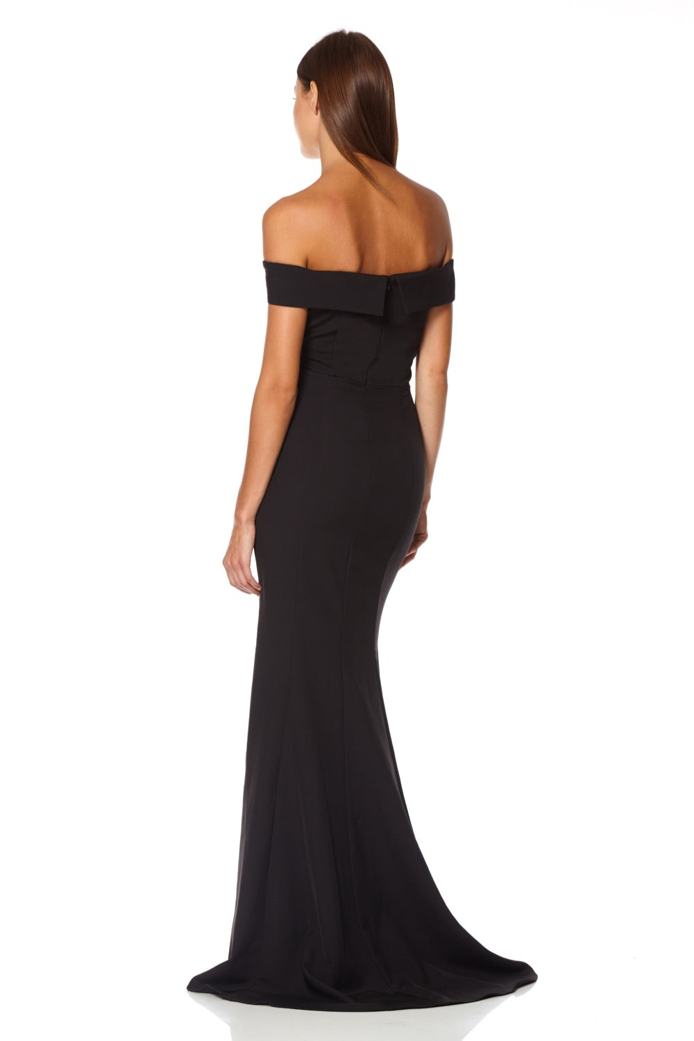 Jarlo black bardot fishtail maxi dress with thigh split and train