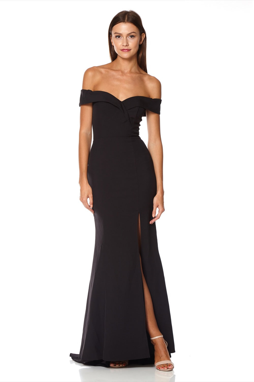 Jarlo black bardot fishtail maxi dress with thigh split and train