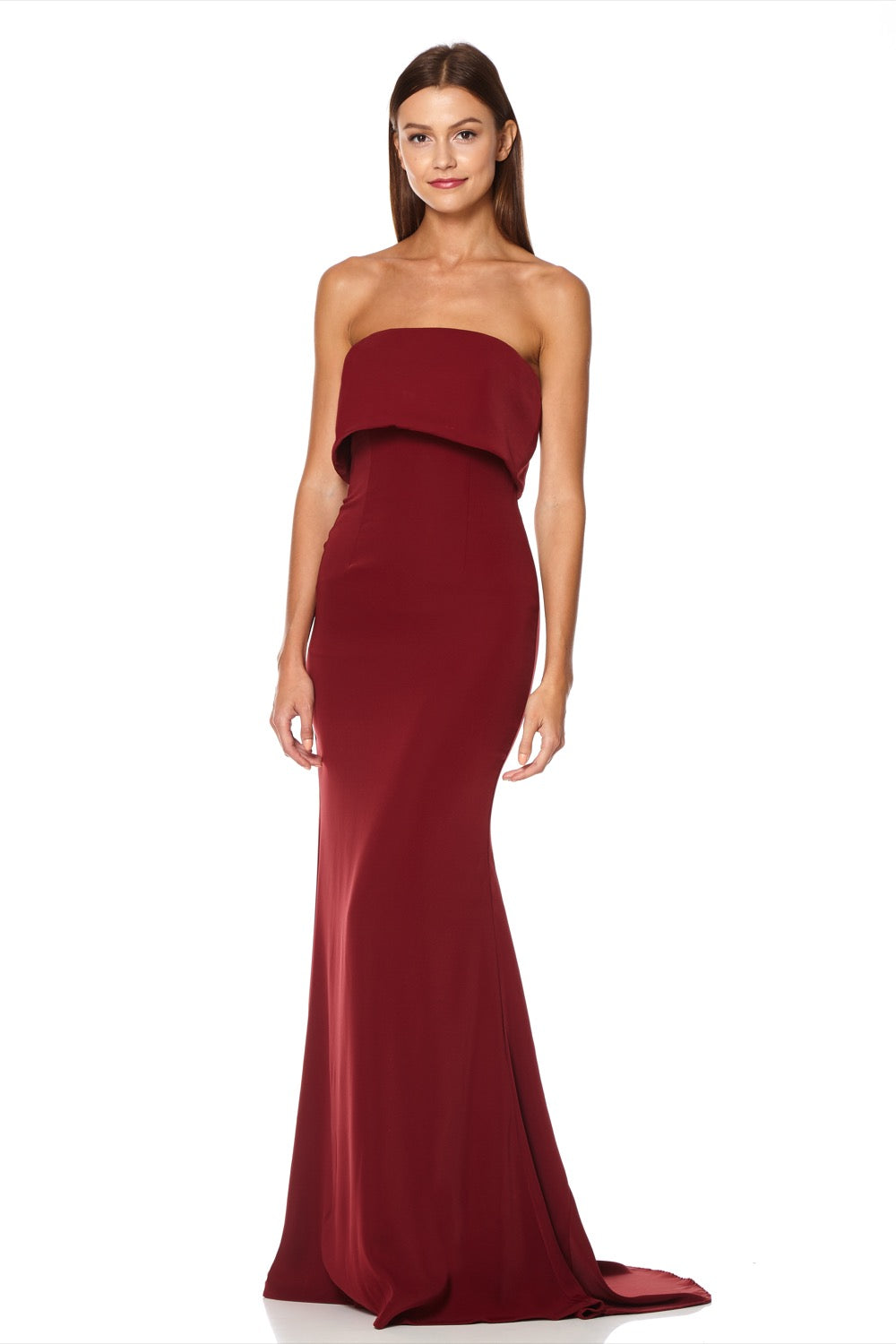 Jarlo burgundy strapless maxi dress with bust overlay