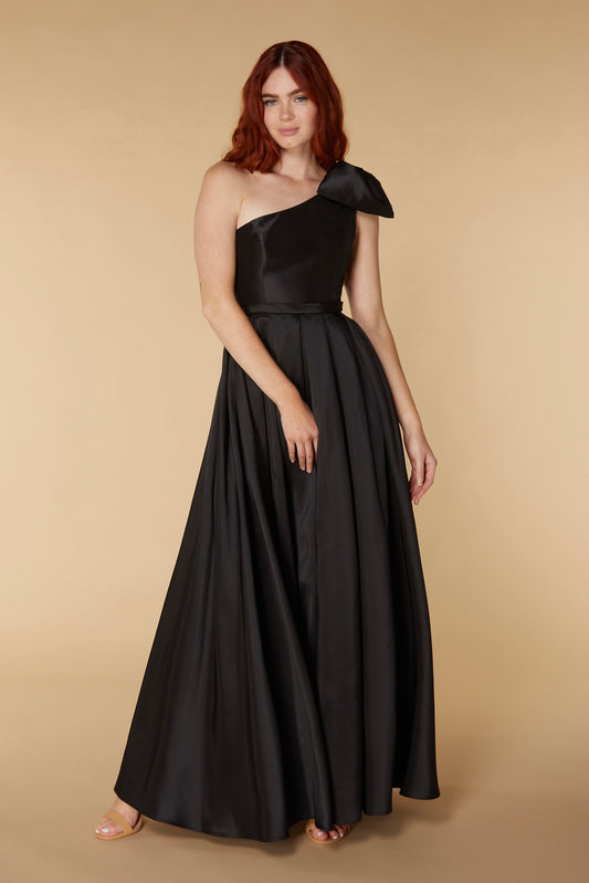 Jarlo one shoulder black maxi dress with bow detail
