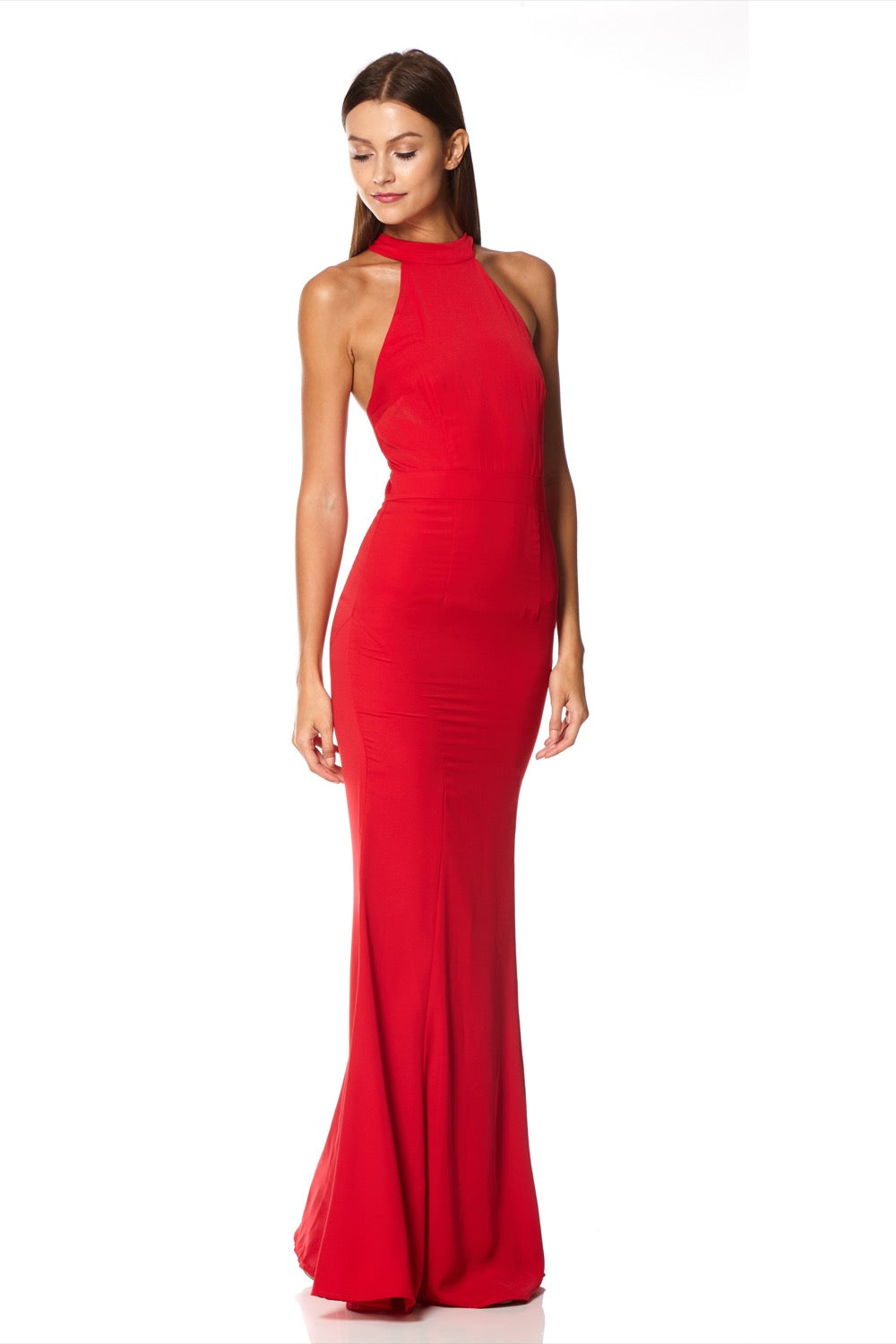 Jarlo red halter neck fishtail maxi dress