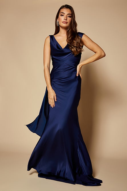 Jarlo Gabriella navy satin fishtail maxi dress with cowl neckline an open back