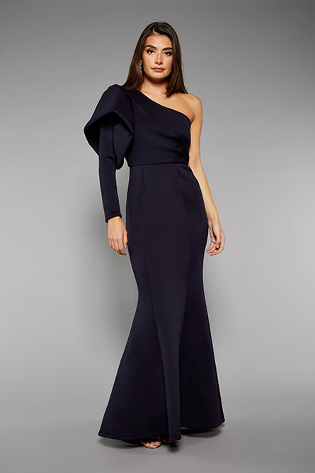 Jarlo Lexy one shoulder puff long sleeve navy scuba maxi dress