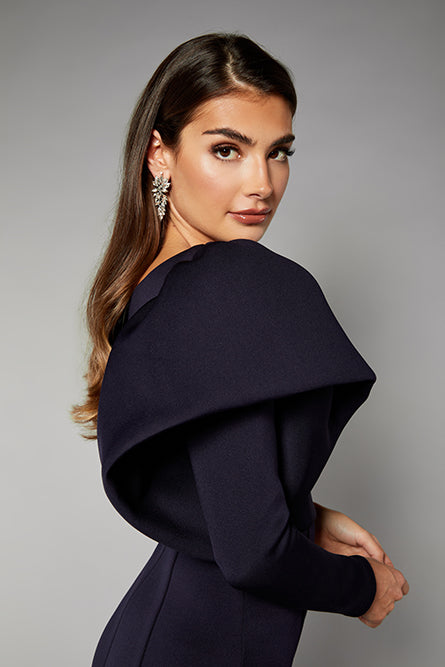 Jarlo Lexy one shoulder puff long sleeve navy scuba maxi dress