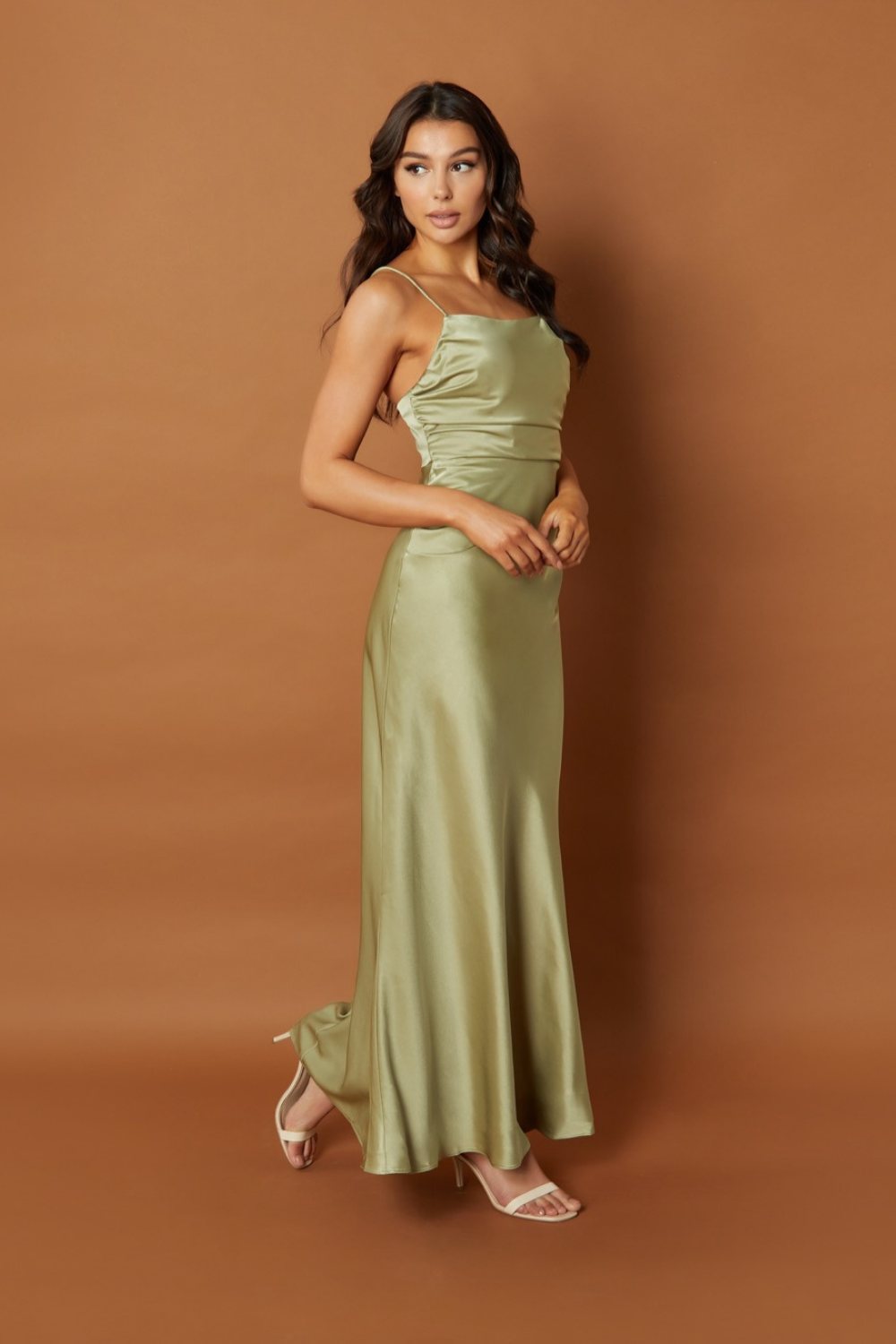 Jarlo green satin maxi dress with cami straps