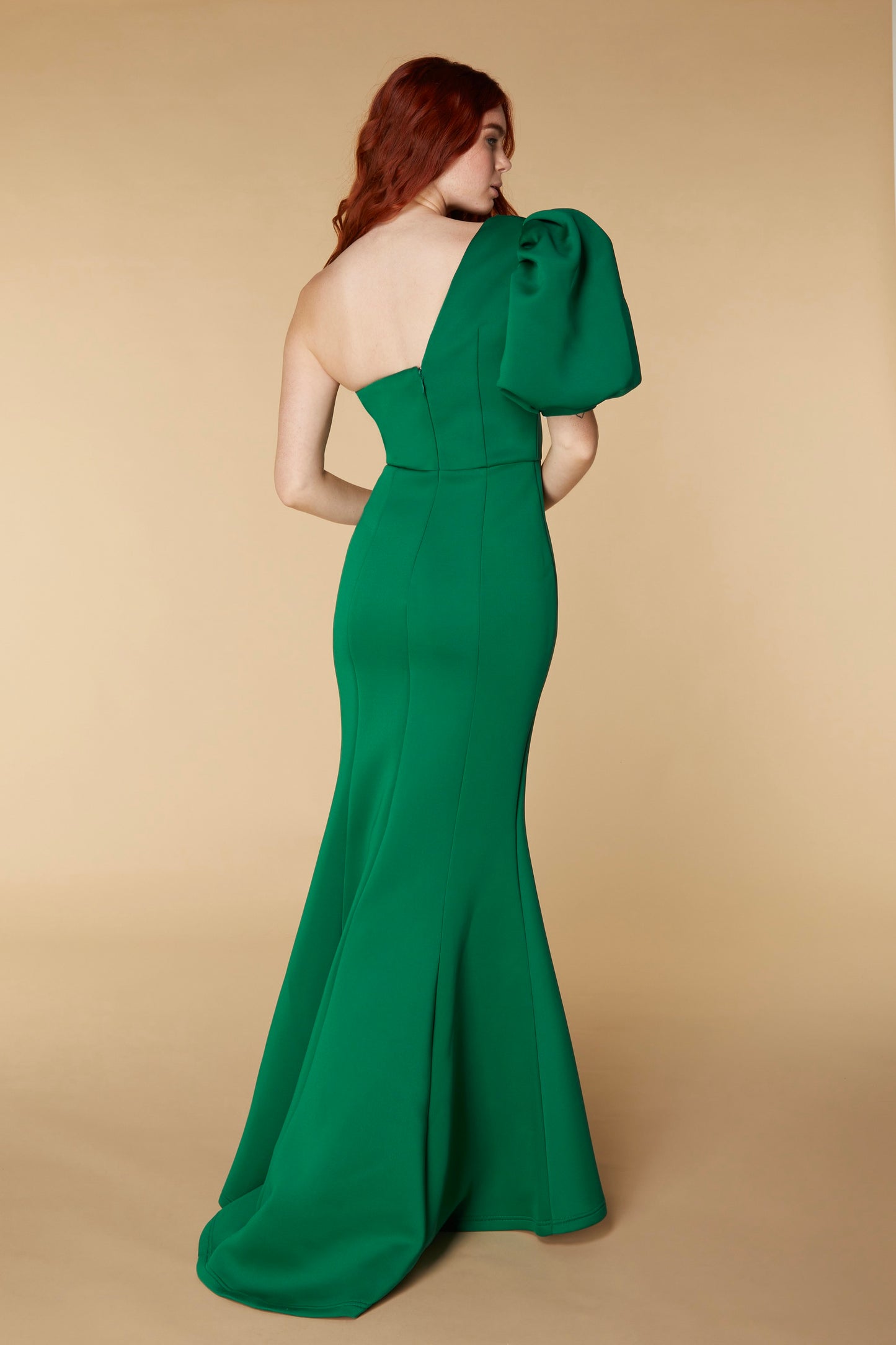 Jarlo Genevieve one shoulder puff sleeve green scuba maxi dress