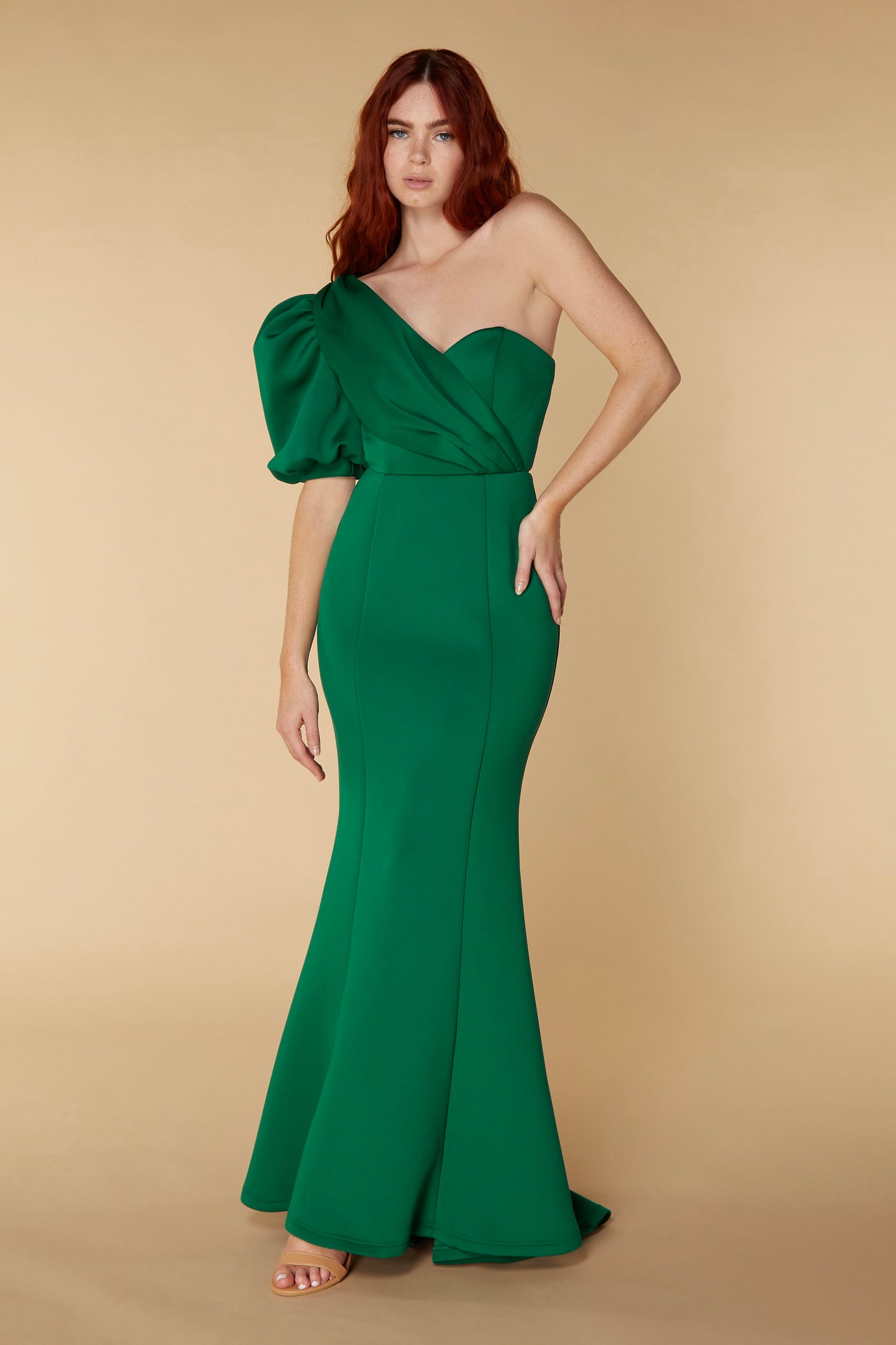 Jarlo Genevieve one shoulder puff sleeve green scuba maxi dress