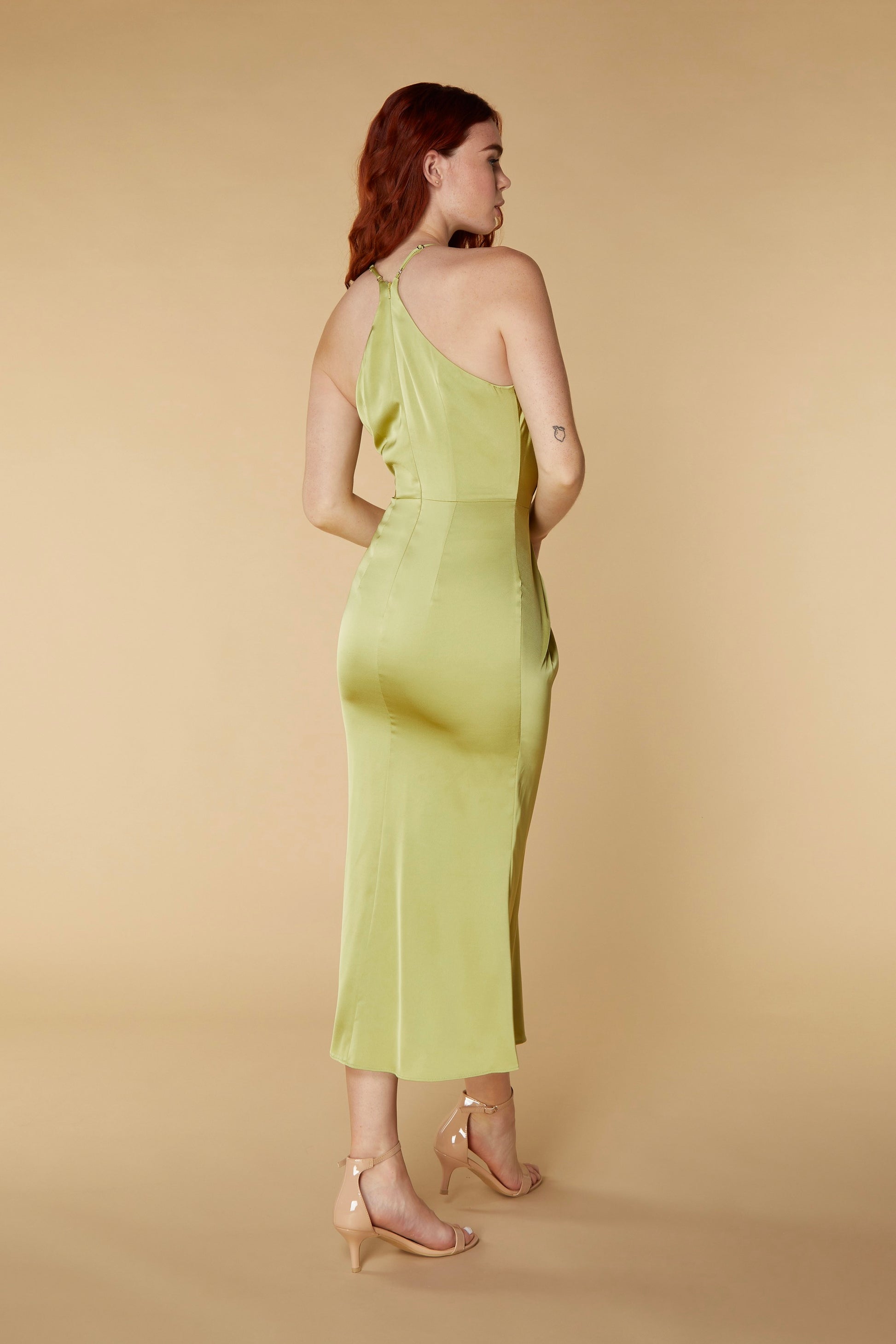 Jarlo Kylie deep V green satin midi dress with knot front detail