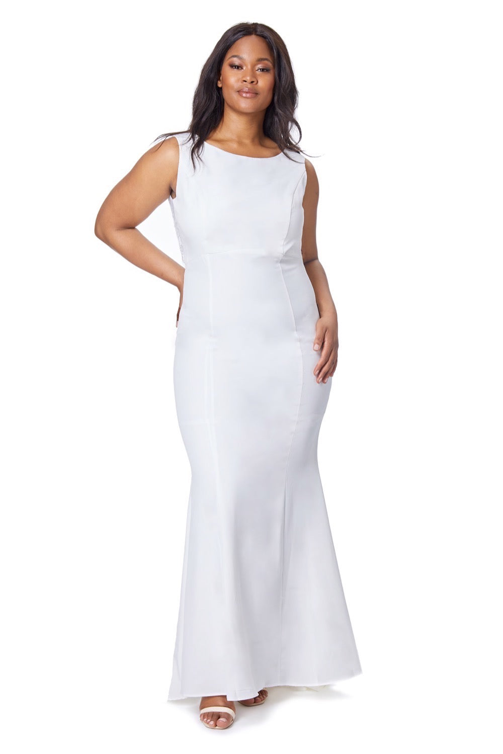 Jarlo ivory fishtail maxi dress with open lace back and button detail