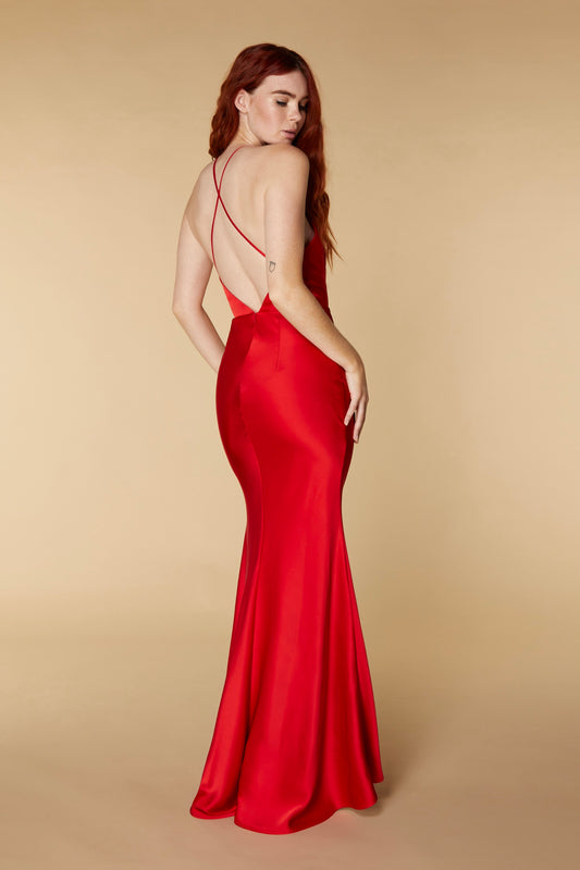 Jarlo Lux open back red satin maxi dress with thigh split