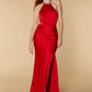 Jarlo Lux open back red satin maxi dress with thigh split