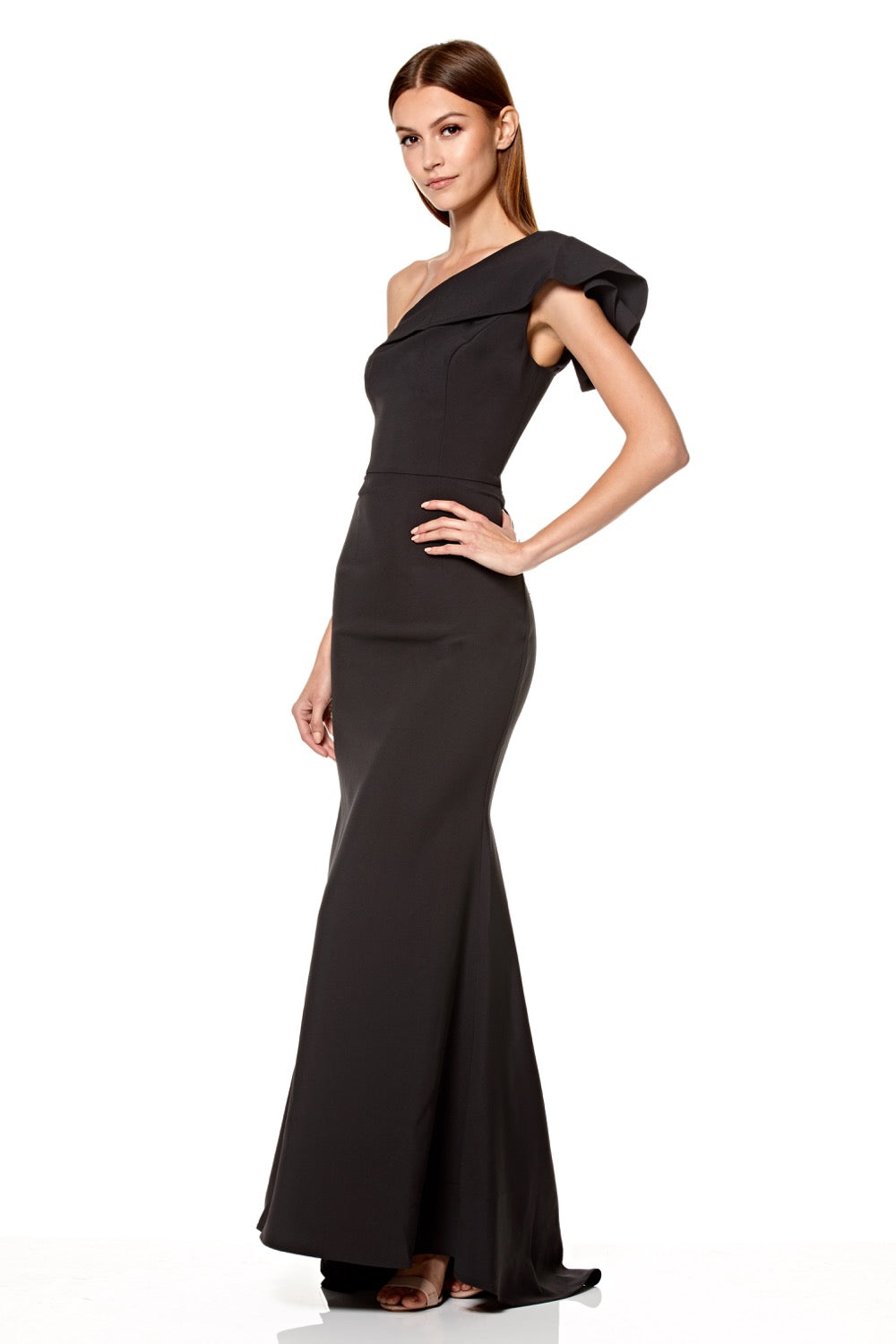 Jarlo Levine ruffle frill one shoulder black maxi dress