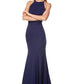Jarlo navy high neck maxi dress with open lace back detail