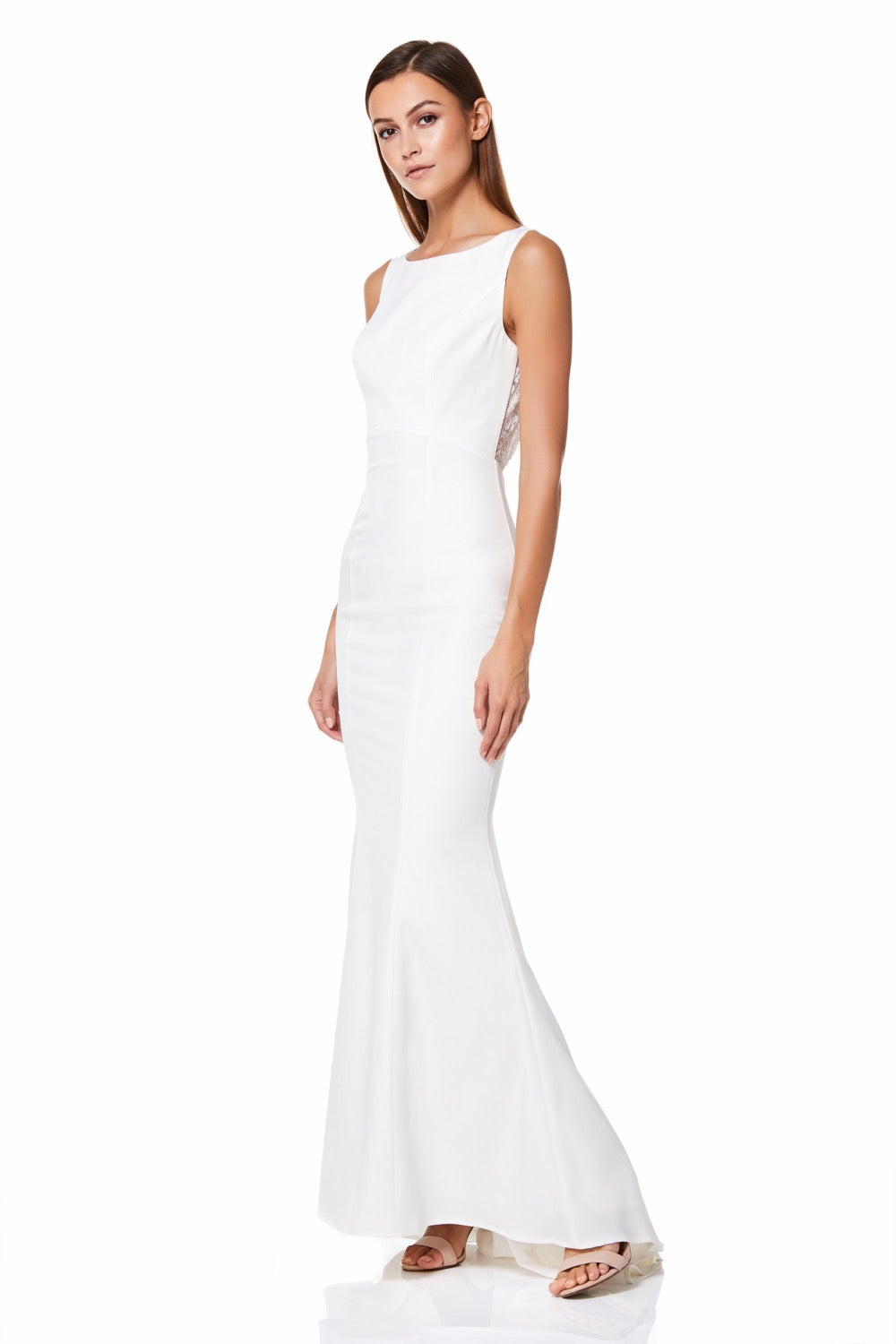 Jarlo ivory fishtail maxi dress with open lace back and button detail