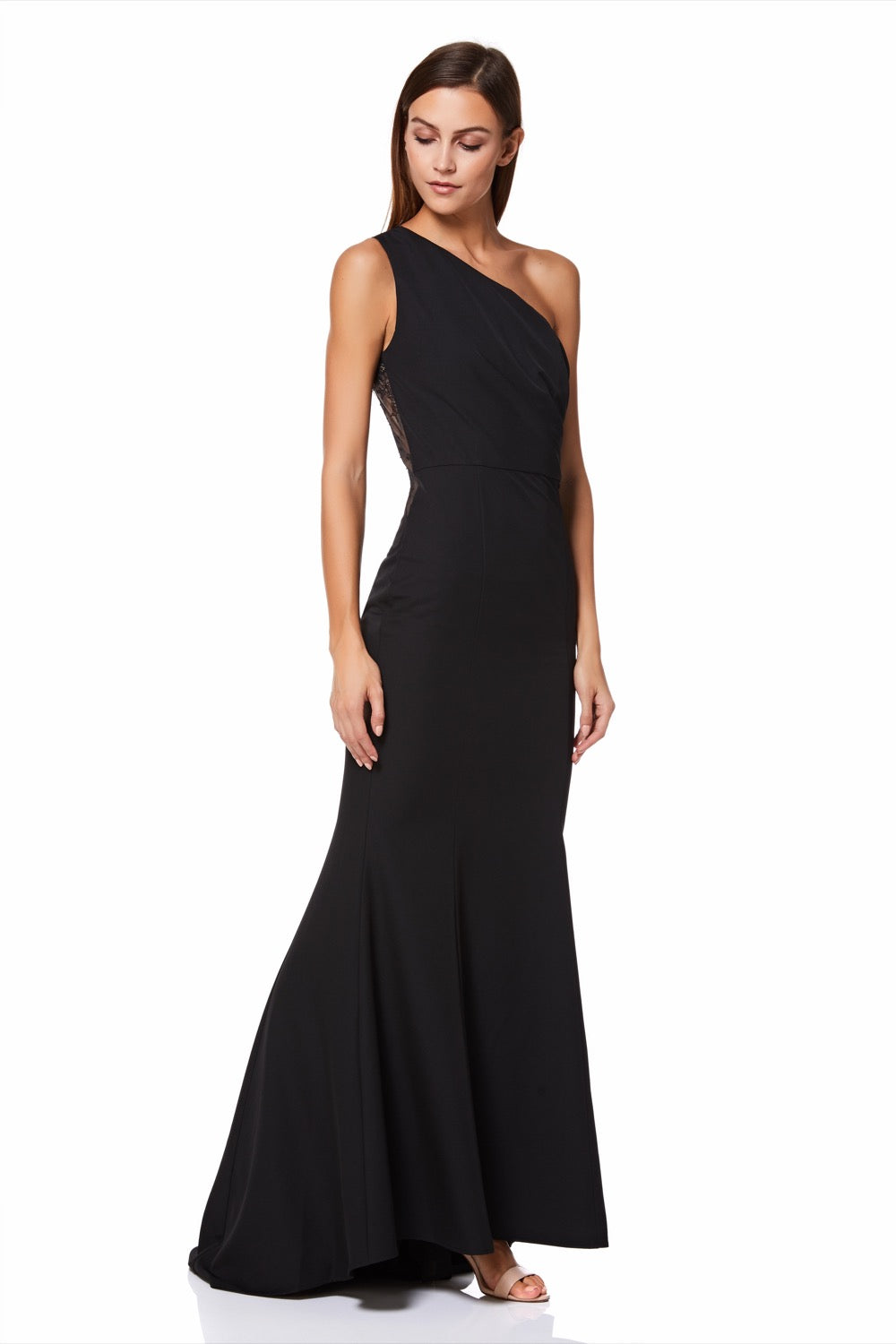 Jarlo Zana one shoulder black maxi dress with lace back