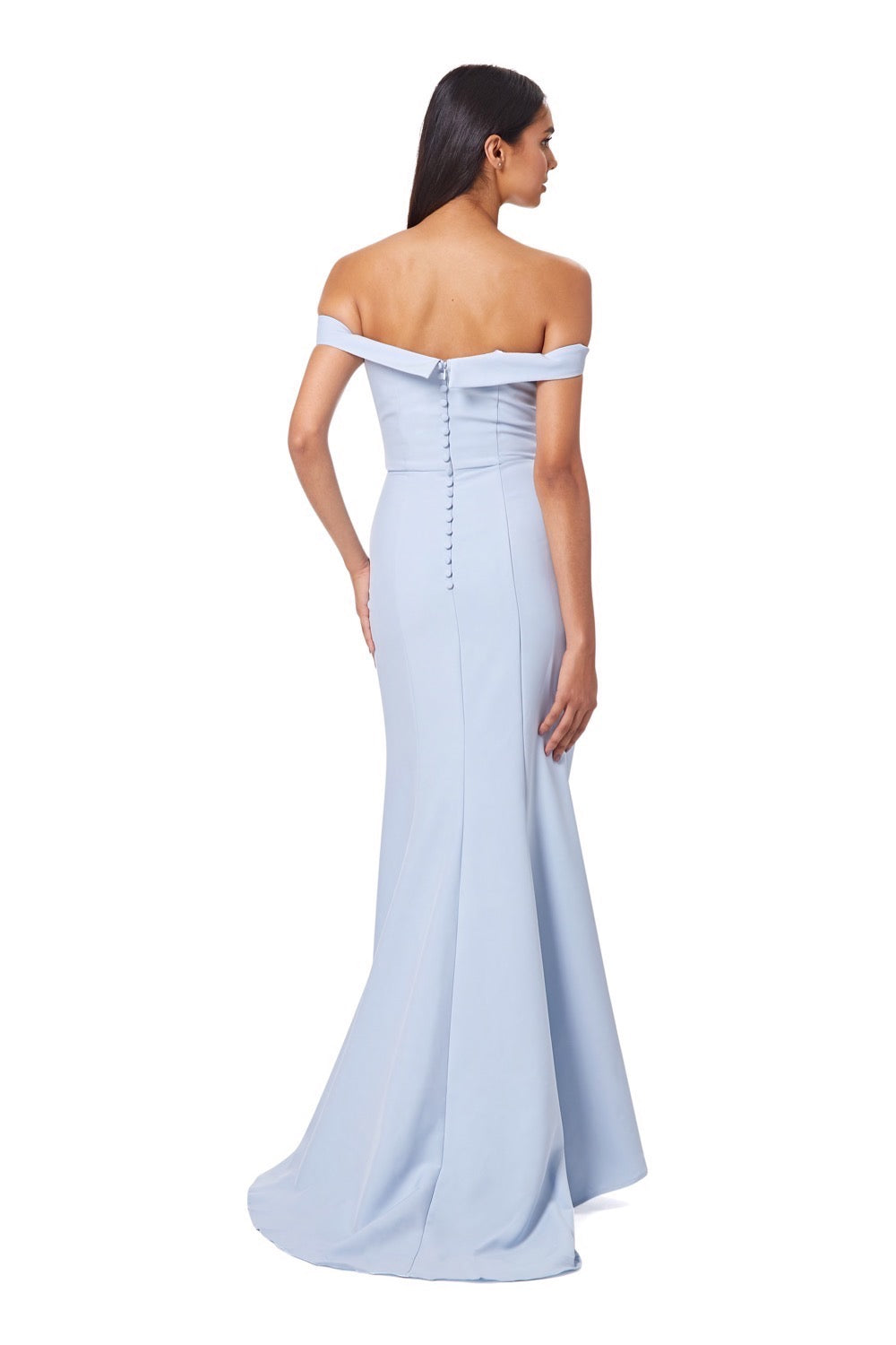 Jarlo blue bardot fishtail maxi dress with thigh split and button back