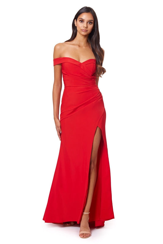 Jarlo red bardot fishtail maxi dress with thigh split and button back