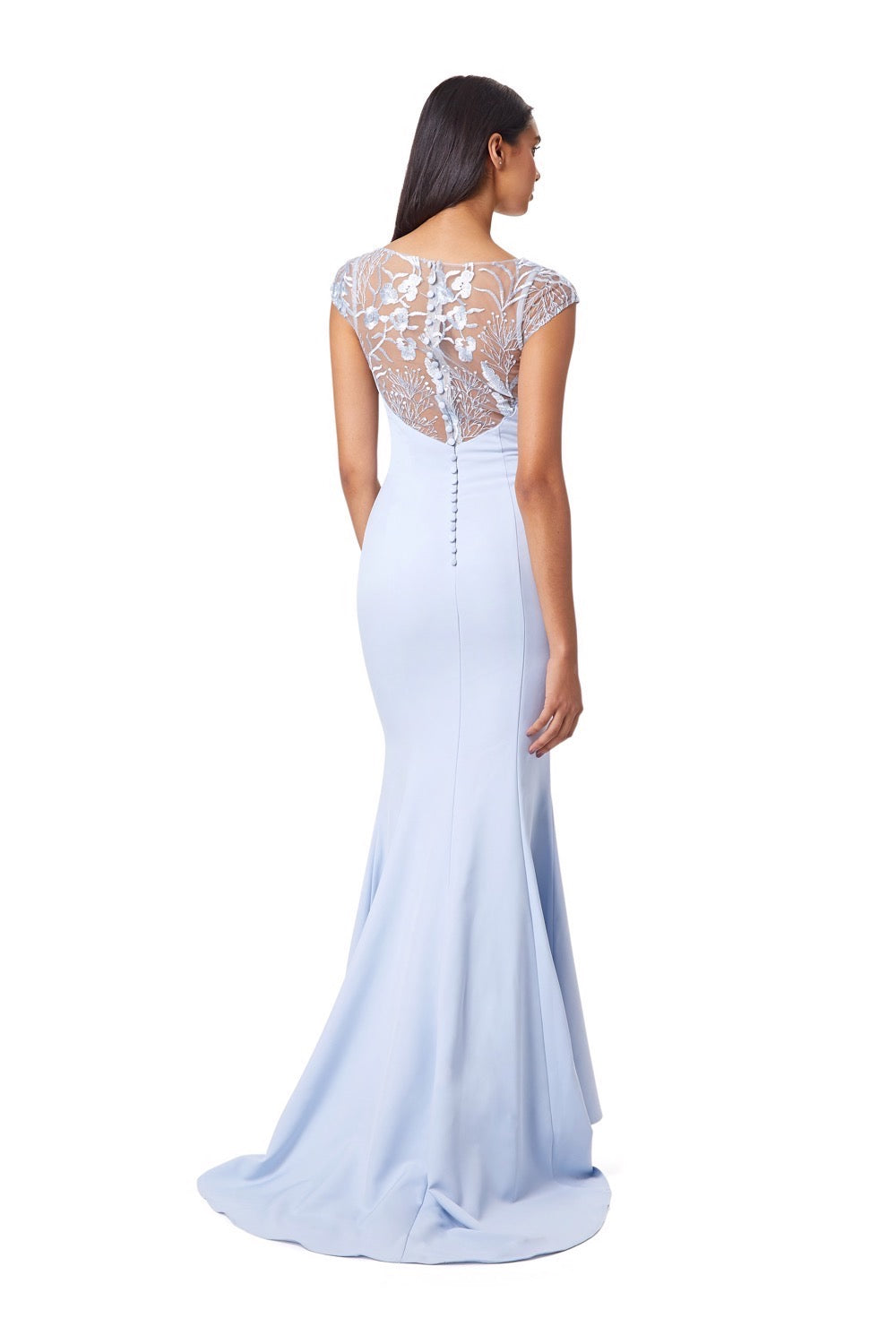 Jarlo Masa fishtail blue maxi dress with lace cap sleeves and embroidered back